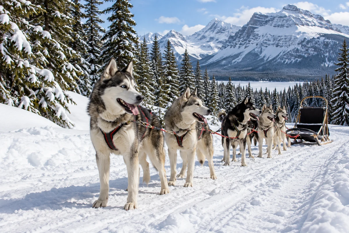 A sled and husky team waiting on a snowy woodland trail.