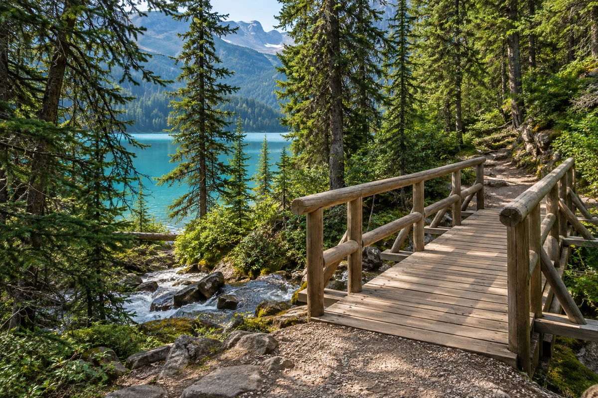 A footbridge on a forest walking trail beside a turquoise lake.